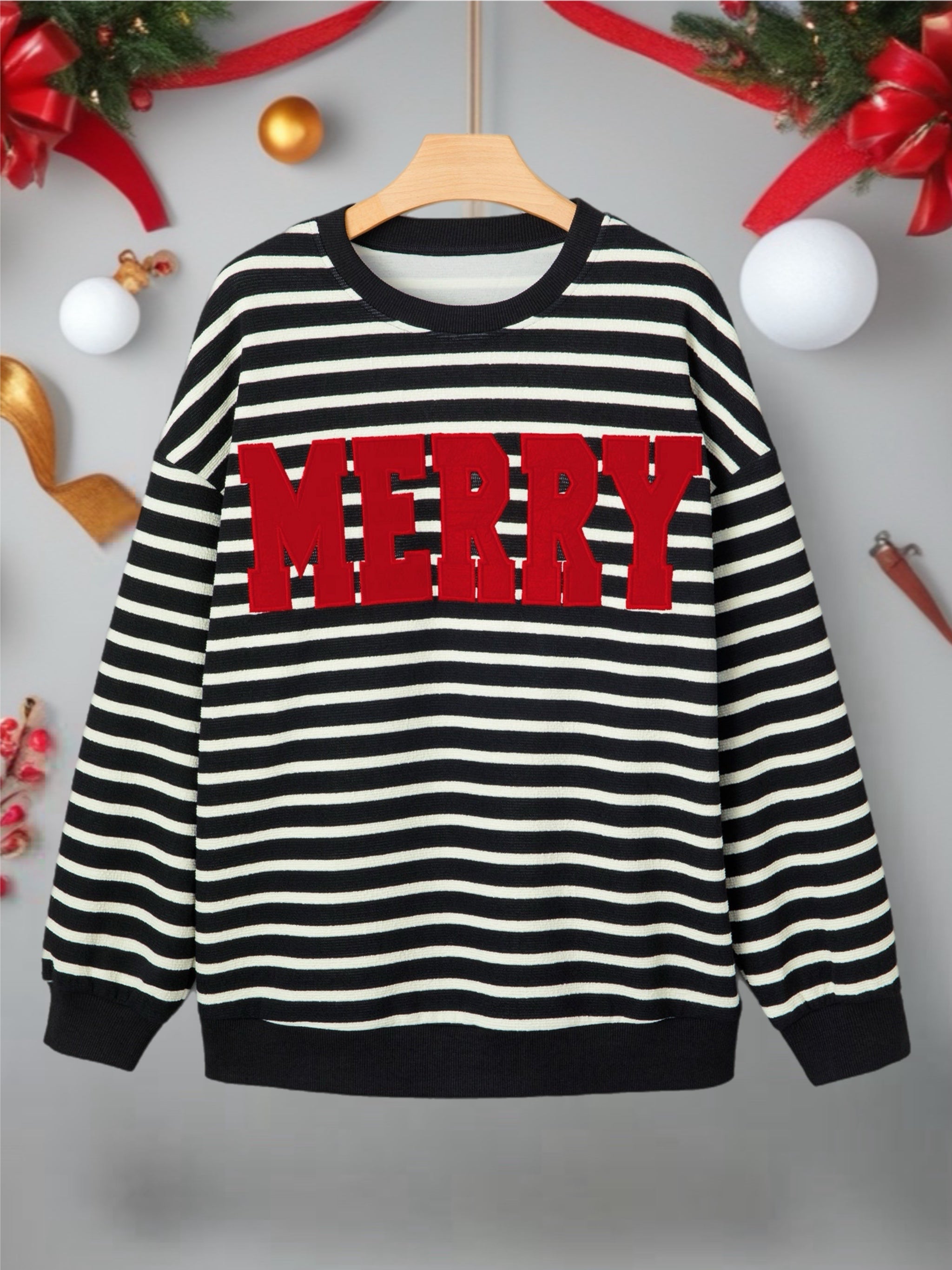 Black Stripe Red MERRY Appliqué Christmas Drop Shoulder Sweatshirt
