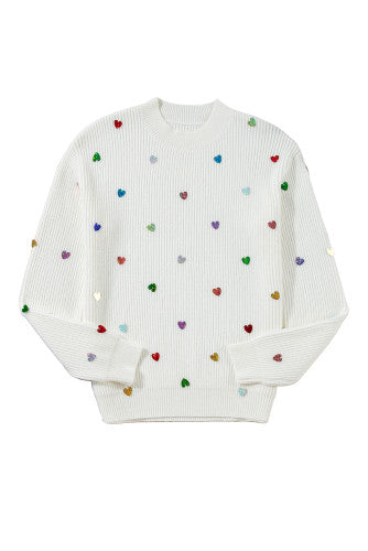 White Multicolored Shiny Heart Accented Ribbed Knit Neck Sweater