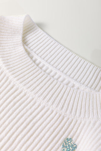 White Multicolored Shiny Heart Accented Ribbed Knit Neck Sweater