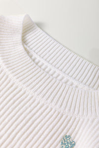 White Multicolored Shiny Heart Accented Ribbed Knit Neck Sweater