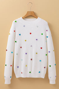 White Multicolored Shiny Heart Accented Ribbed Knit Neck Sweater