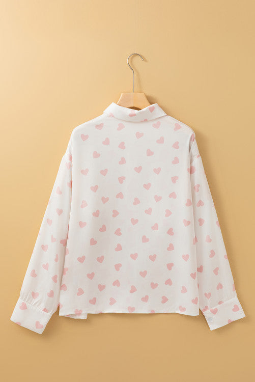 White with Pink Heart Print Drop Shoulder Long Sleeve Blouse