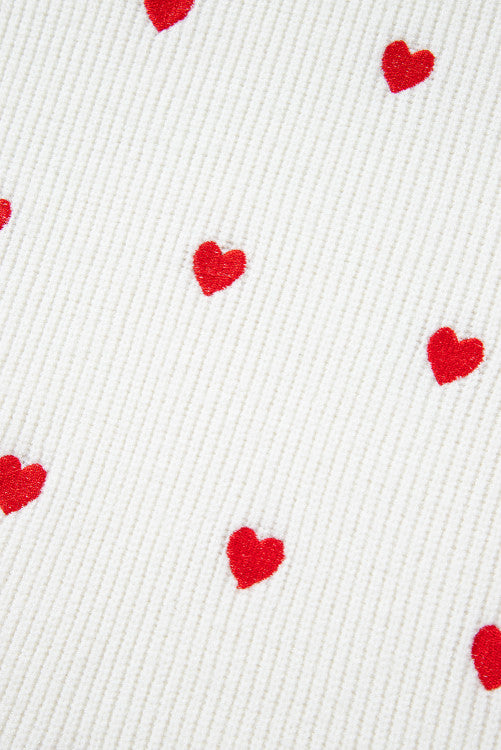 White with Red Hearts Drop Shoulder Round Neck Sweater