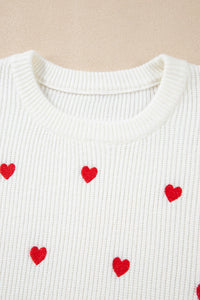 White with Red Hearts Drop Shoulder Round Neck Sweater