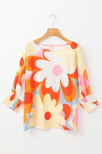 Yellow and Orange Floral Ribbed 1/2 Sleeve Raglan Knit Shirt