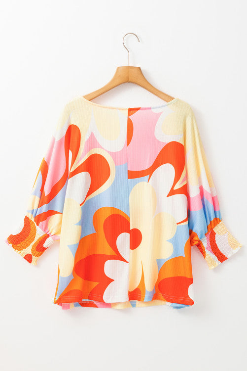 Yellow and Orange Floral Ribbed 1/2 Sleeve Raglan Knit Shirt