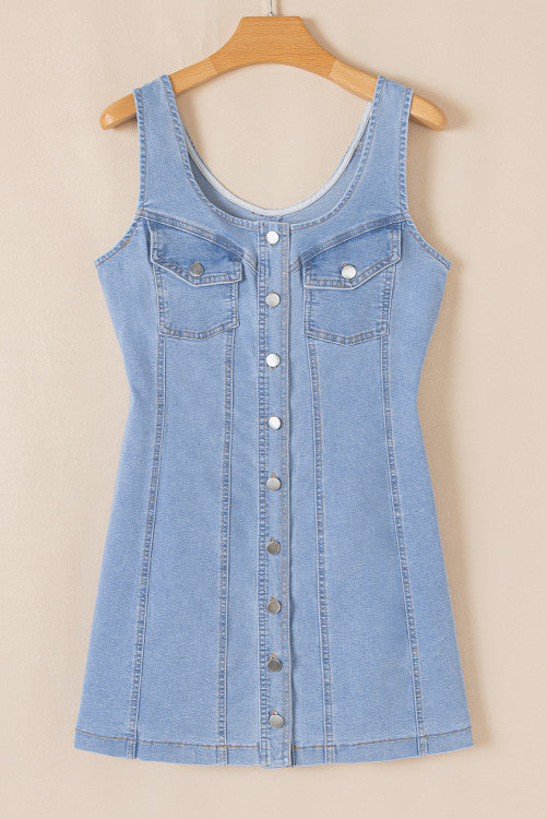 Light Wash Denim Buttoned Front Chest Pockets Sleeveless Slim Mini Dress