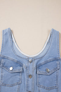 Light Wash Denim Buttoned Front Chest Pockets Sleeveless Slim Mini Dress