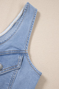 Light Wash Denim Buttoned Front Chest Pockets Sleeveless Slim Mini Dress