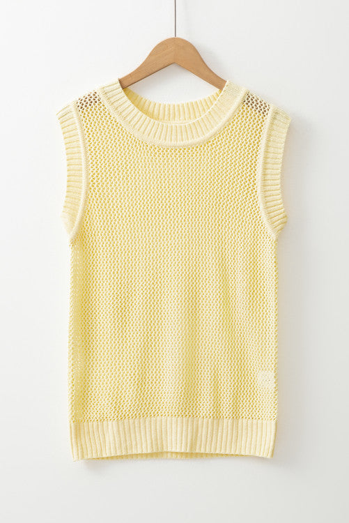 Yellow Crew Neck Sleeveless Open Knit Sweater