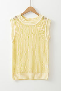 Yellow Crew Neck Sleeveless Open Knit Sweater