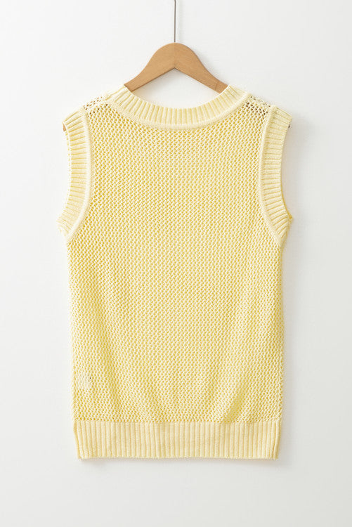 Yellow Crew Neck Sleeveless Open Knit Sweater