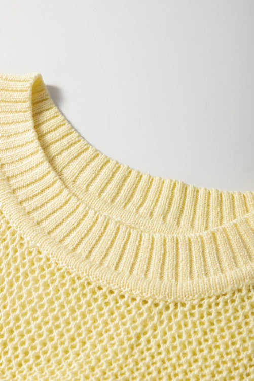 Yellow Crew Neck Sleeveless Open Knit Sweater