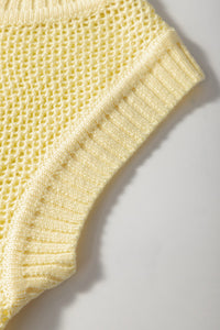 Yellow Crew Neck Sleeveless Open Knit Sweater