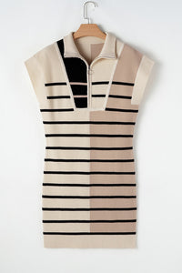 Khaki Black Stripe Color Block Quarter Zip Knit Sweater Dress