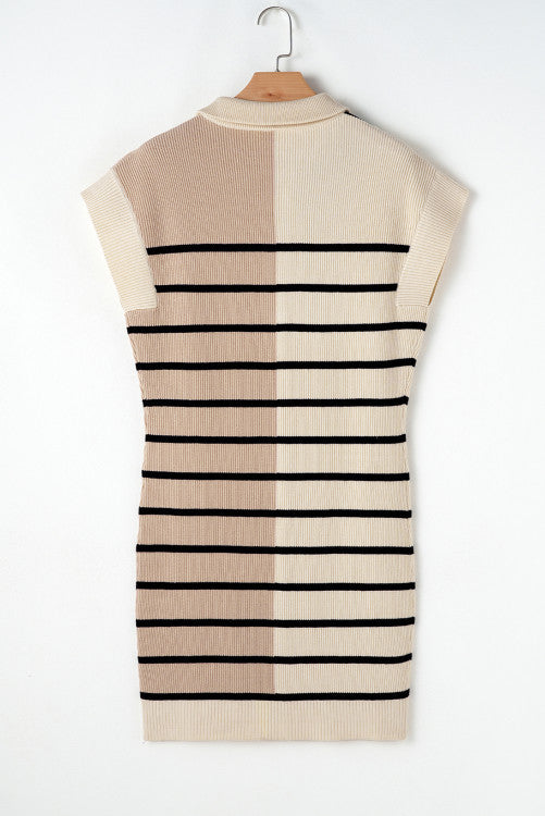 Khaki Black Stripe Color Block Quarter Zip Knit Sweater Dress