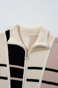 Khaki Black Stripe Color Block Quarter Zip Knit Sweater Dress