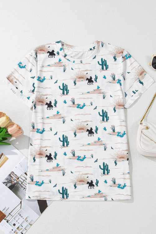 White and Turquoise Western Cactus Print Short Cuffed Sleeve Tee