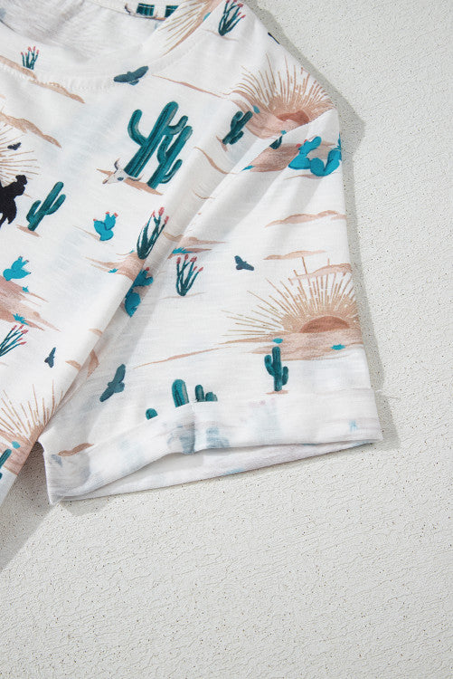 White and Turquoise Western Cactus Print Short Cuffed Sleeve Tee