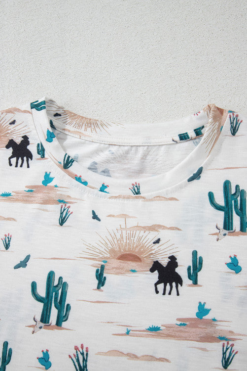 White and Turquoise Western Cactus Print Short Cuffed Sleeve Tee