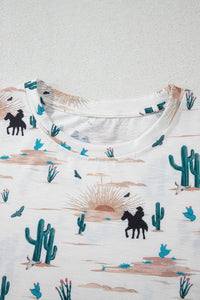 White and Turquoise Western Cactus Print Short Cuffed Sleeve Tee