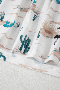 White and Turquoise Western Cactus Print Short Cuffed Sleeve Tee