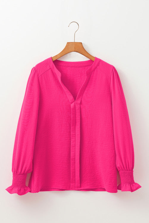 Pink V-Neck Shirred Cuff Long-sleeve Blouse
