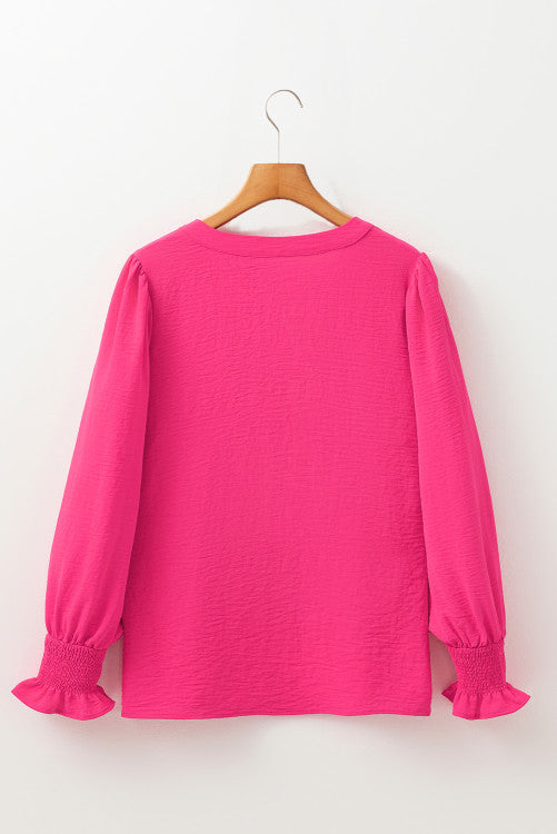 Pink V-Neck Shirred Cuff Long-sleeve Blouse