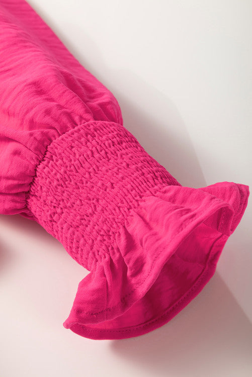 Pink V-Neck Shirred Cuff Long-sleeve Blouse