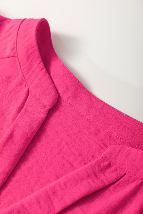 Pink V-Neck Shirred Cuff Long-sleeve Blouse