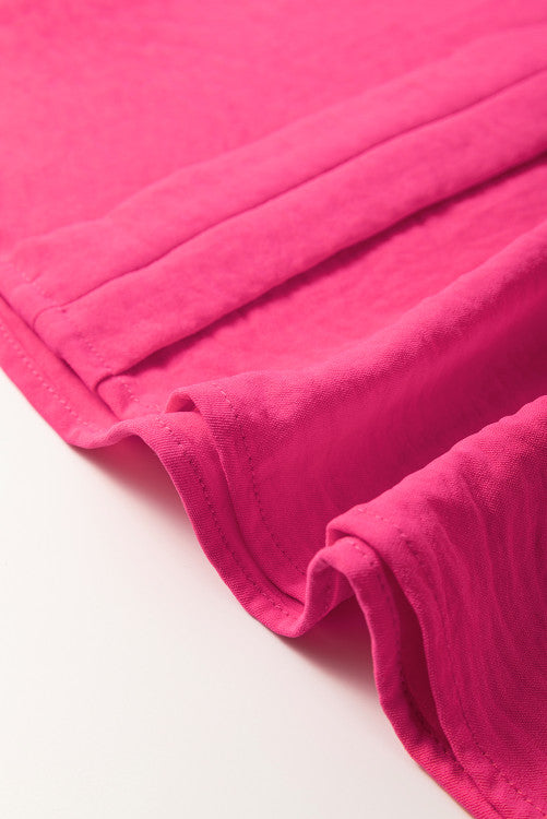 Pink V-Neck Shirred Cuff Long-sleeve Blouse