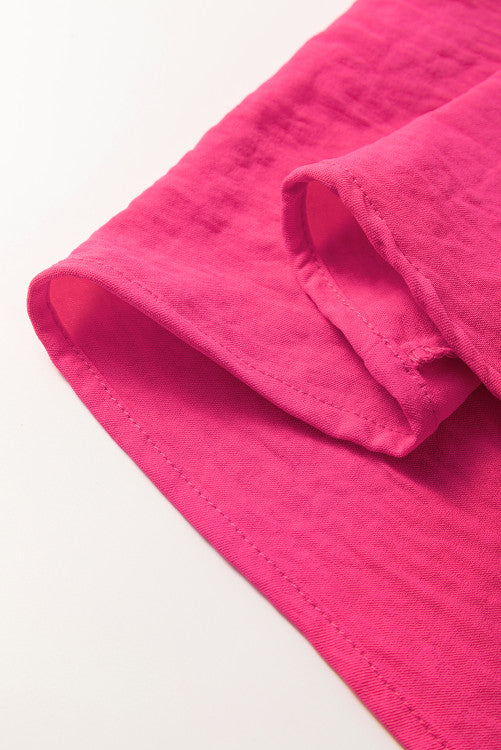 Pink V-Neck Shirred Cuff Long-sleeve Blouse