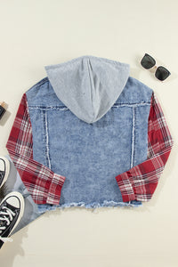 Raw Hem Denim Hooded Button Up Jacket with Red Plaid Sleeves