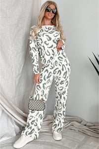 Leopard Print Long Sleeve Knit Shirt and Pants Lounge Set