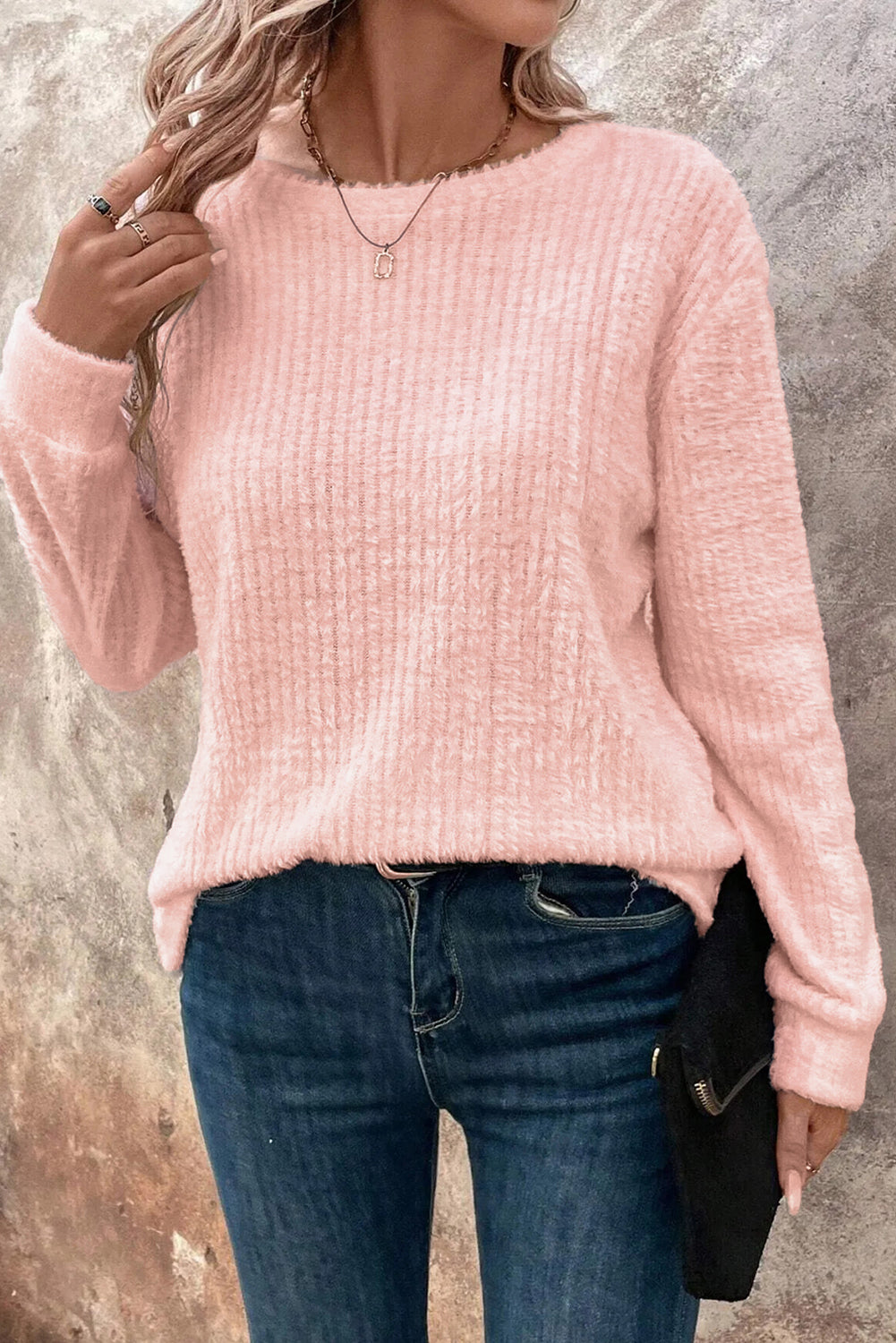Light Pink Fuzzy Textured Dropped Shoulder Knit Top