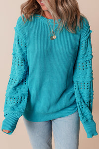 Turquoise Eyelet Bubble Sleeve Knit Sweater