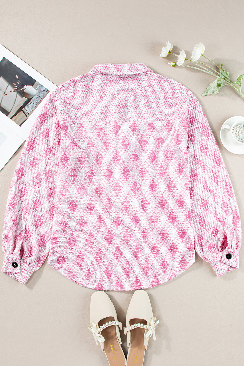 Pink Geometric Design Textured Button Up Shacket