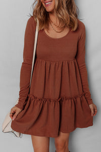 Brown Rust Ribbed Scoop Neck Empire Waist Long Sleeve Mini Dress
