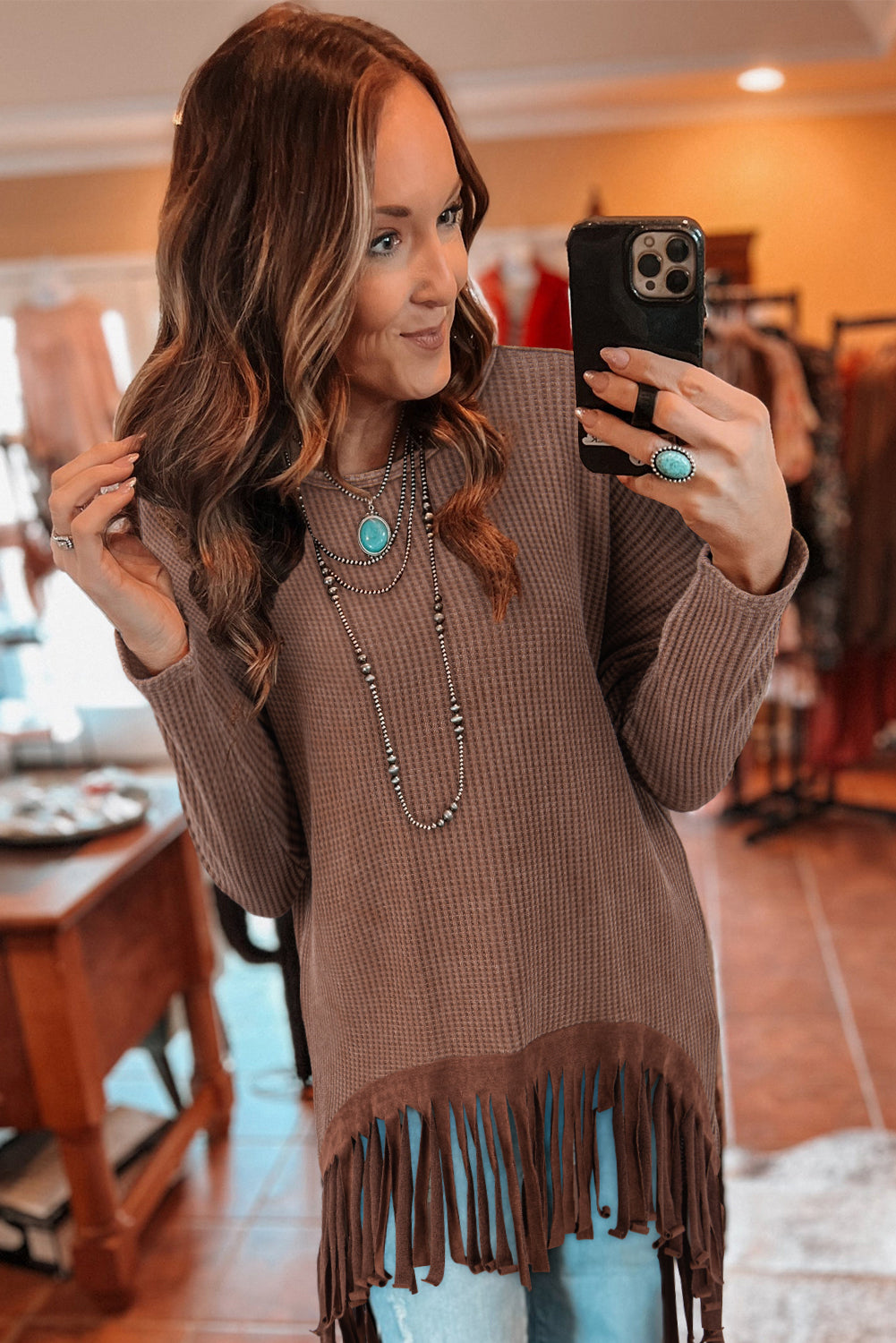 Brown Waffle Knit Fringed High Low Long-sleeve Top