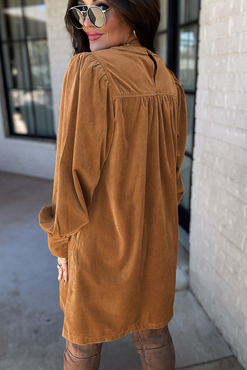 Golden Brown Corduroy Pleated Puff Sleeve Shift Dress