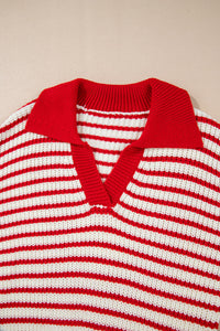 Red Stripe Lantern Sleeve V-Neck Collared Drop Shoulder Sweater