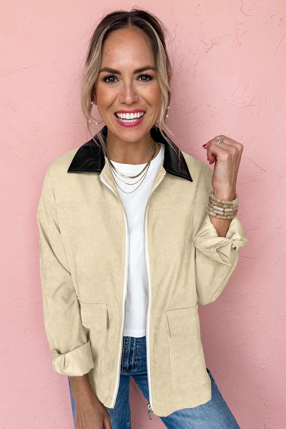 Light Beige Faux Black Leather Collar Zip Up Corduroy Jacket