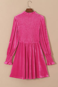 Velour Mock Neck Smocked Bodice and Cuffs Shift Dress