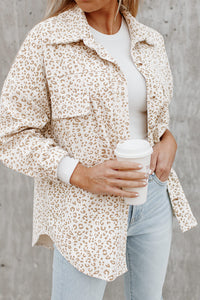 Beige Leopard Print Chest Pocket Button Up Corduroy Shacket