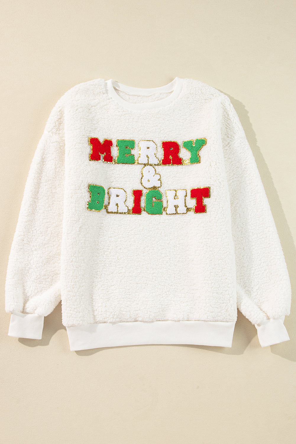 White Christmas Merry & Bright Embossed Graphic Sherpa Sweatshirt