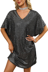 Charcoal Sequin V-Neck Dolman Sleeve Shift Dress