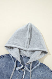 Raw Hem Denim Hooded Button Up Jacket with Red Plaid Sleeves