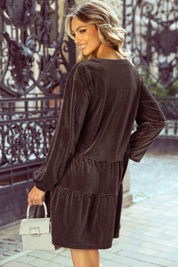 Dark Brown Textured Velour V-Neck Shift Dress with Pearl Button Accents