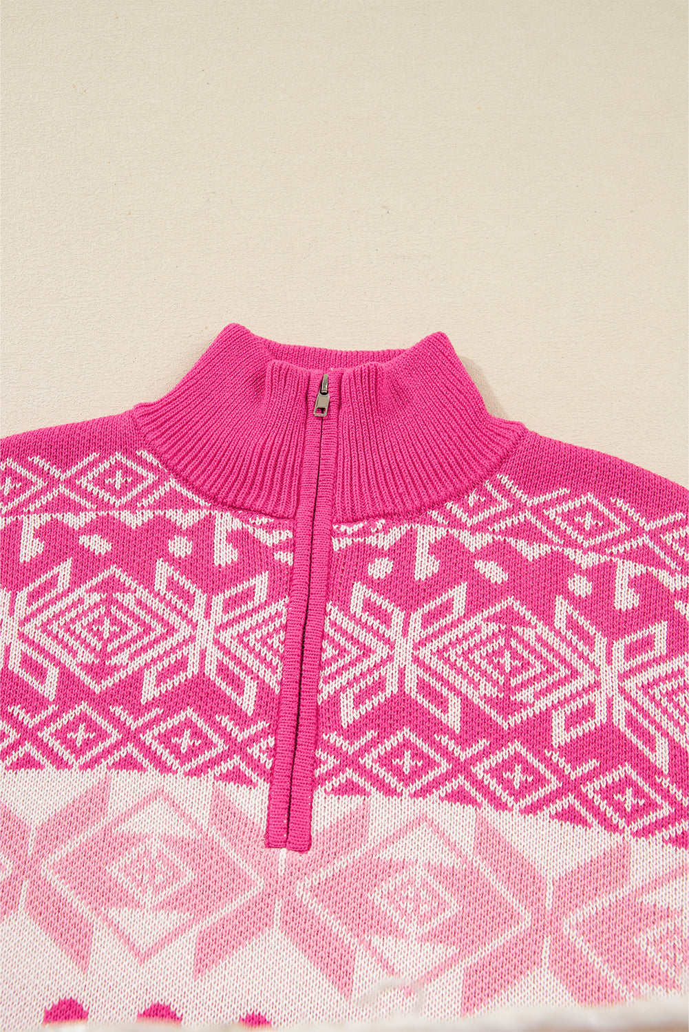 Pink Snowflake Quarter Zip Mock Neck Sweater