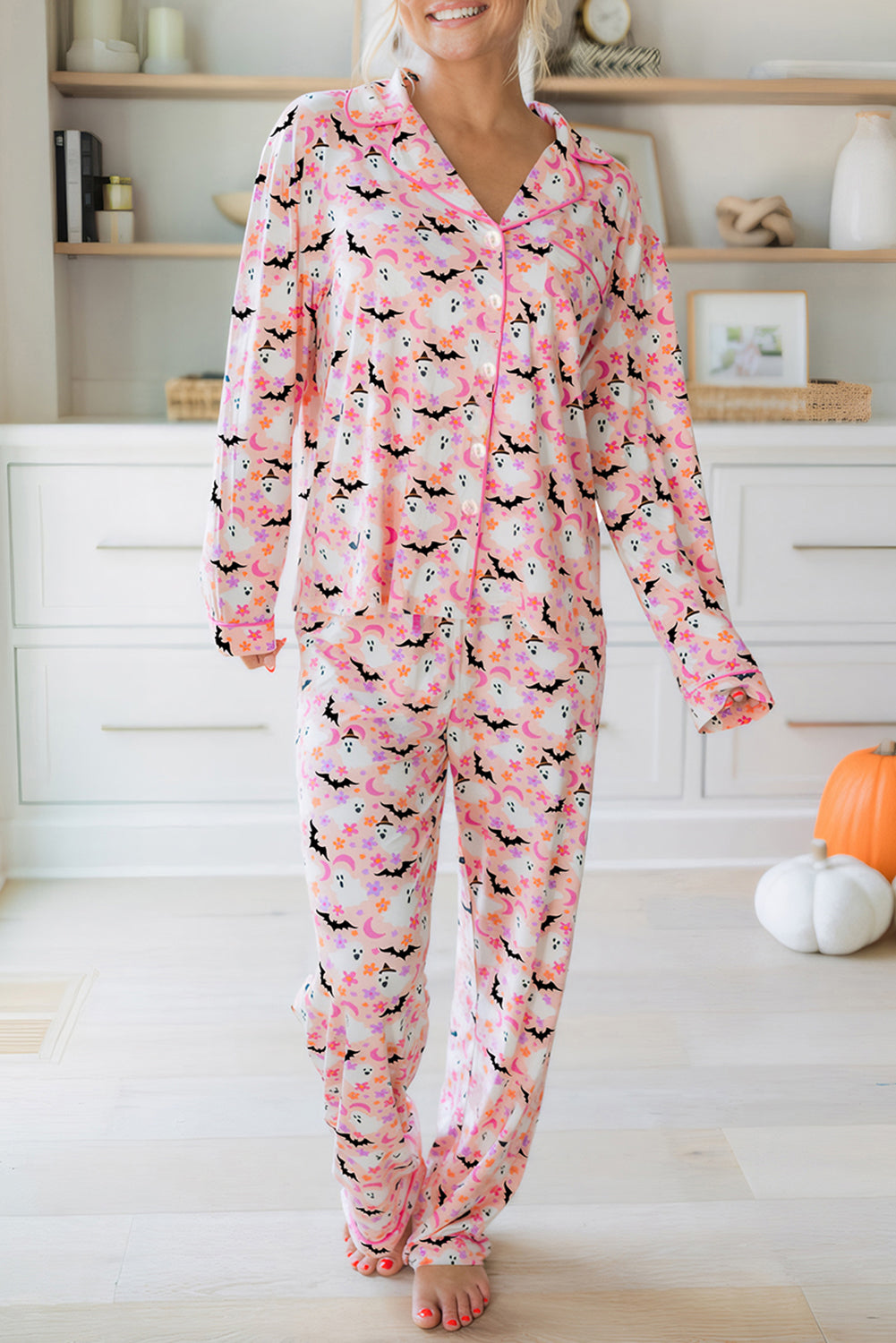 Pink Floral Halloween Ghost and Bat Print Pajama Set